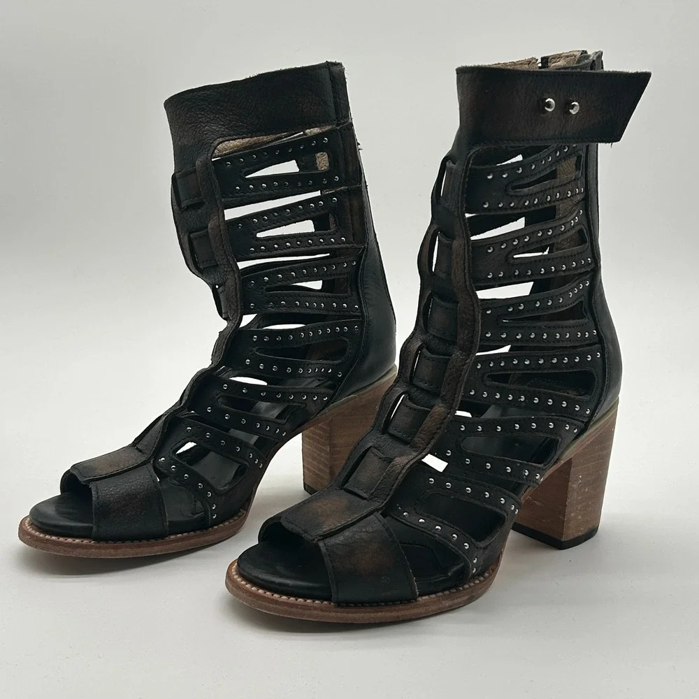 Freebird by Steven Lotus Black Leather Studded Gladiator Boots Womens Size 8